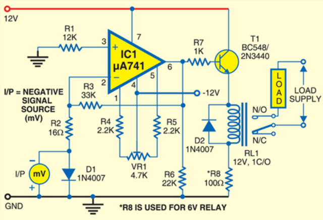 NTE Electronics Circuit: Relay Actuating Circuit with Millivolt Sensitivity